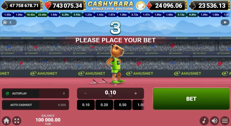 Cashybara Athletics Edition - tela principal da corrida com contador de multiplicador