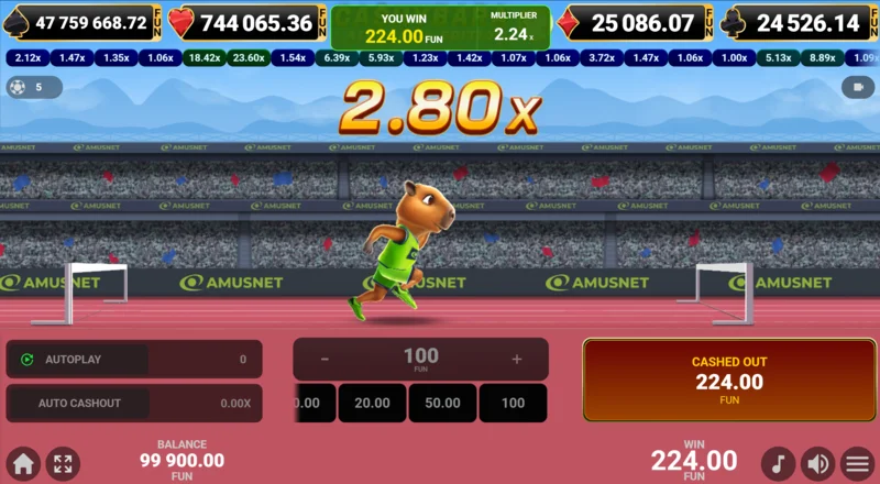 Cashybara Athletics Edition - cash out bem-sucedido e crédito dos ganhos